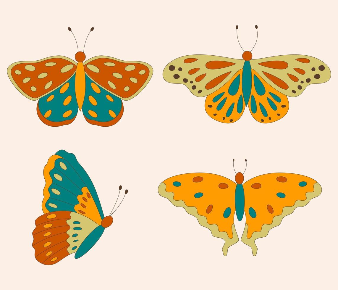 conjunto de mariposas hippie retro de los años 60 y 70 para tarjetas, pegatinas o diseño de afiches. ilustración vectorial plana vector