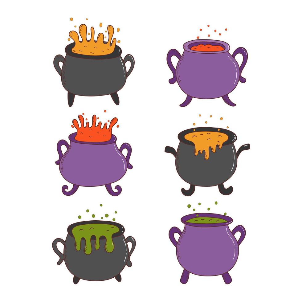 Set of halloween witches cauldrons with poison potion. Halloween elements. Trick or treat concept. Vector illustration in hand drawn style