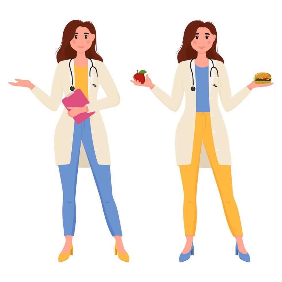 mujer médico nutricionista. una nutricionista femenina con alimentos saludables y no saludables en sus manos. concepto de salud y pérdida de peso. vector