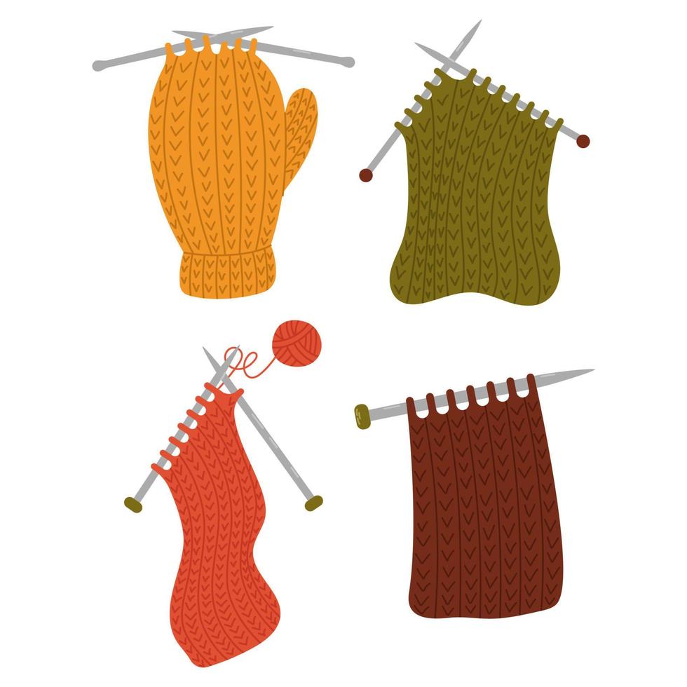 conjunto vectorial dibujado a mano de hilos de lana, agujas de tejer vector