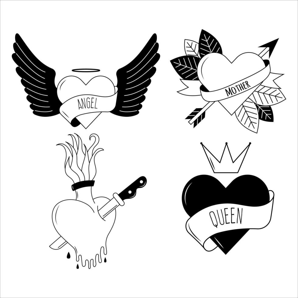 Flaming hearts tattoo in y2k, 1990s, 2000s style. Emo goth element design. Old school tattoo. Vector illustration