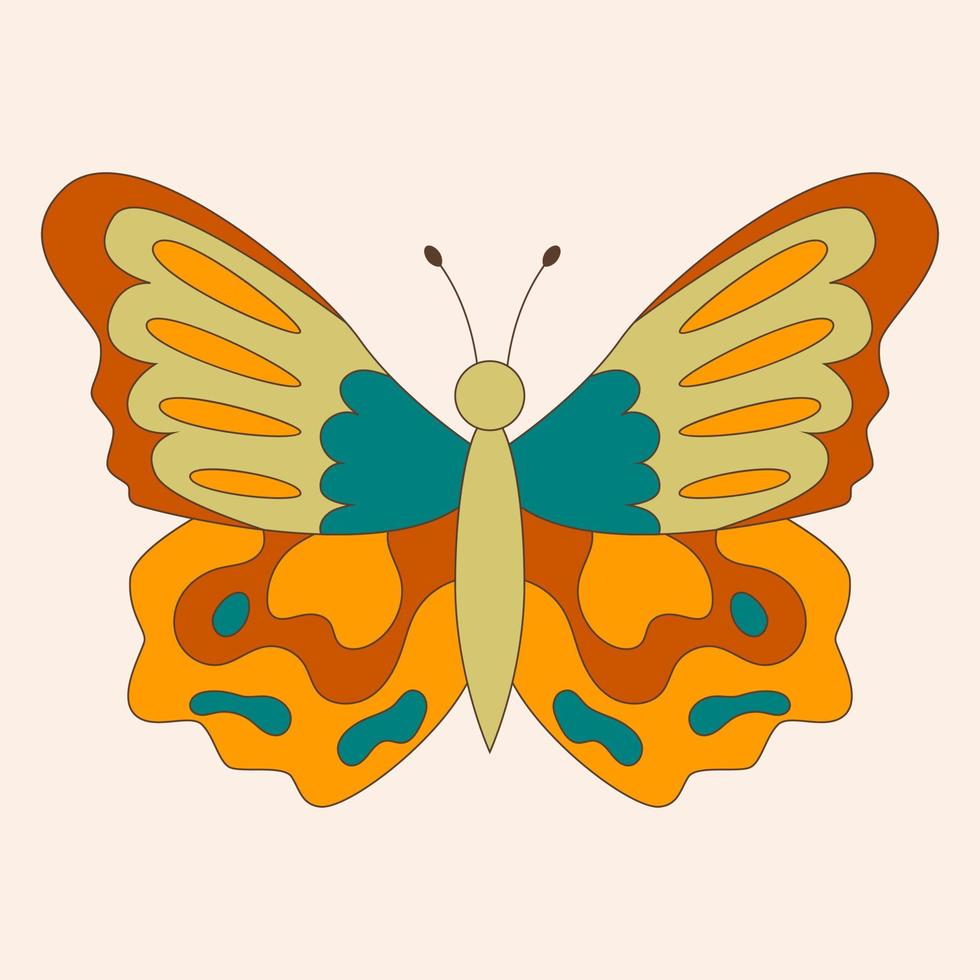 Retro 60s 70s hippie groovy butterfly for cards, stickers or poster design. Flat vector illustration