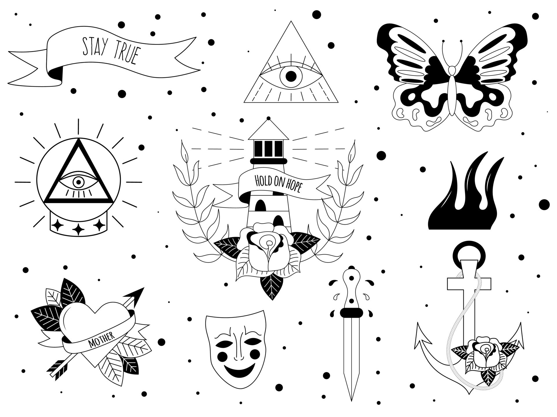 Set of tattoo in y2k, 1990s, 2000s style. Emo goth element design with  knife, rose, flower, butterfly, fire. Old school tattoo. Vector  illustration 14572056 Vector Art at Vecteezy