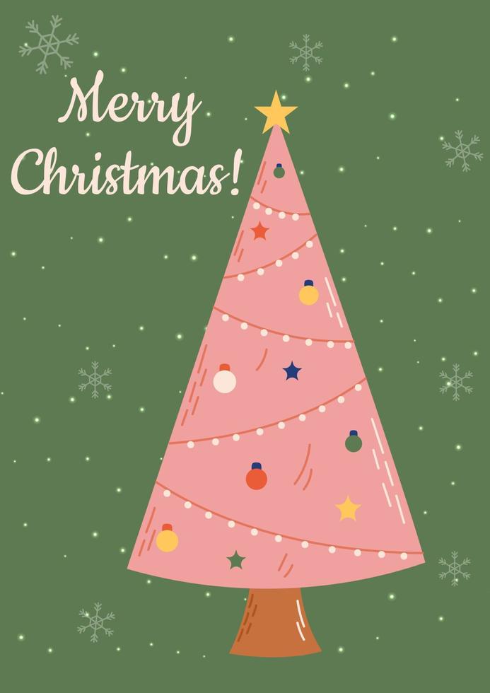 Groovy Christmas card with christmas tree. Christmas and New Year celebration concept. Good for greeting card, invitation, banner, web design. vector