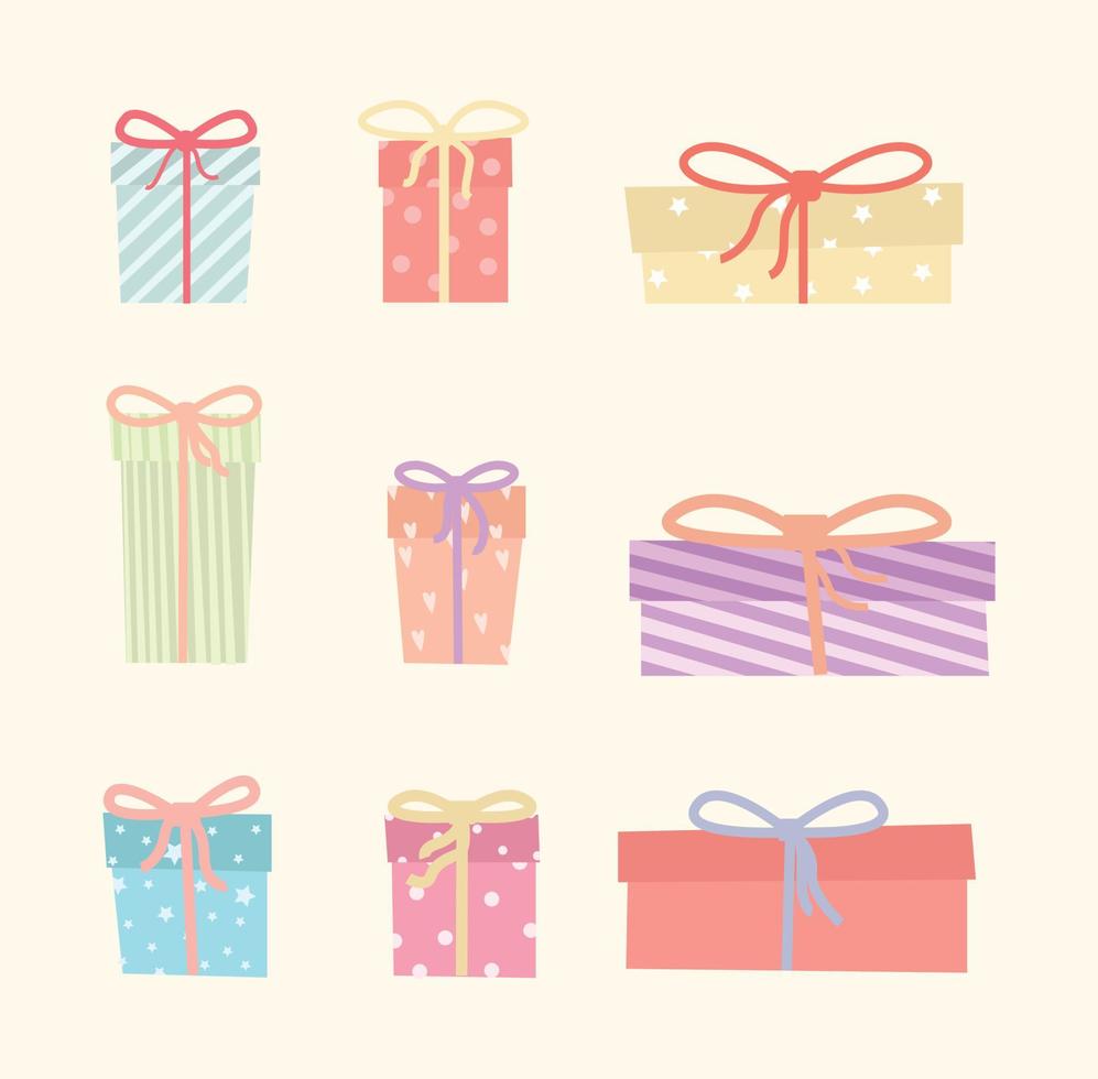 set of gift boxes different style with ribbon and pattern flat design paster color palette vector