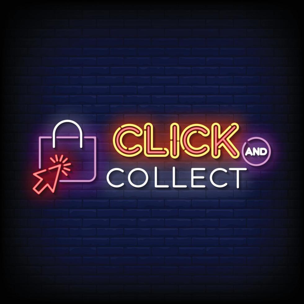 Neon Sign click and collect with brick wall background vector