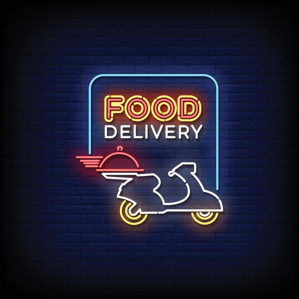 Neon Sign food delivery with brick wall background vector