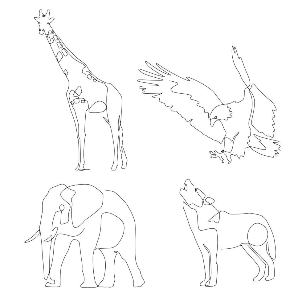Modern animal and wildlife line minimalistic Vector. giraffe, hawk, elephant and wolf vector