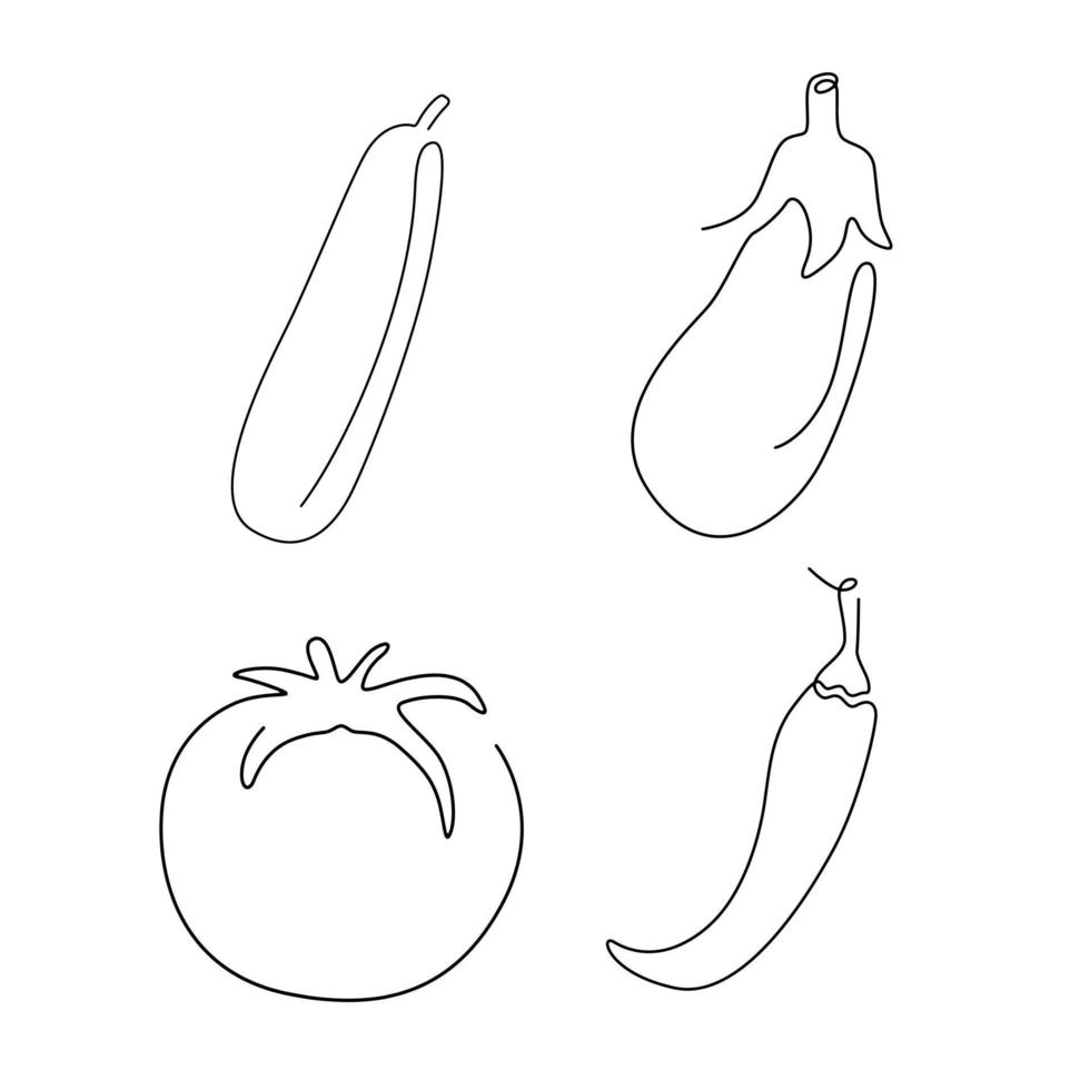 conjunto de arte de línea vegetal e ingrediente, línea continua. para el diseño de logotipos. calabacín, tomate, berenjena, guindilla vector
