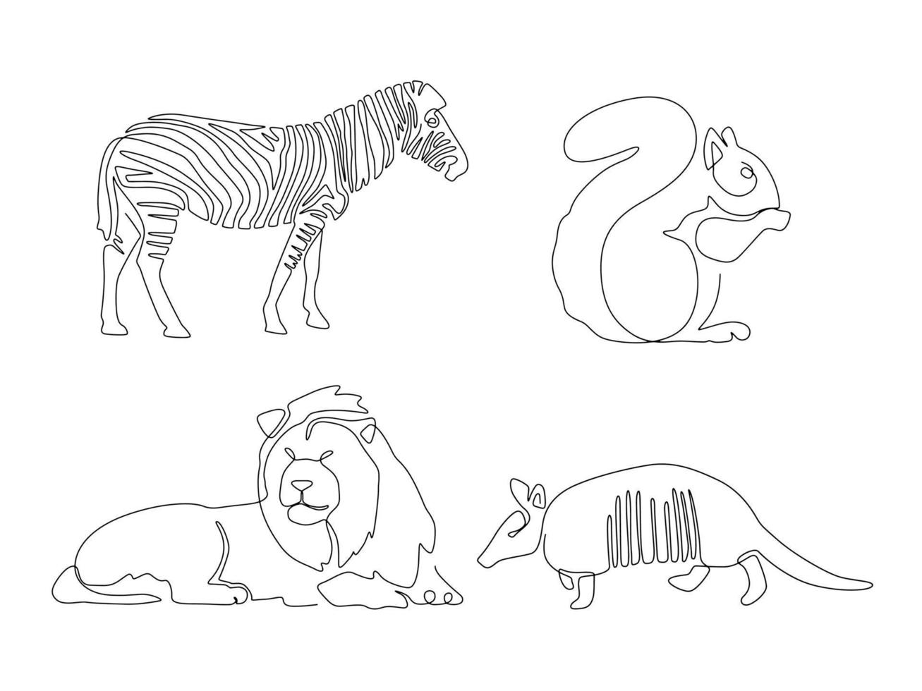 conjunto de arte de línea de vida animal y salvaje, línea continua. para el diseño de logotipos. cebra, león, ardilla vector