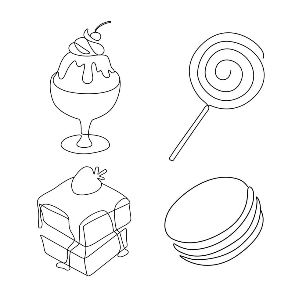 Vector modern minimalism of ice cream donut macaroon and toast line art drawning illustration.