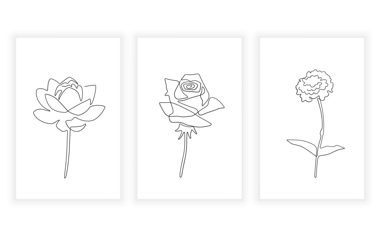 flower and flora One Line art Drawing. rose lotus and zinnia flower vector