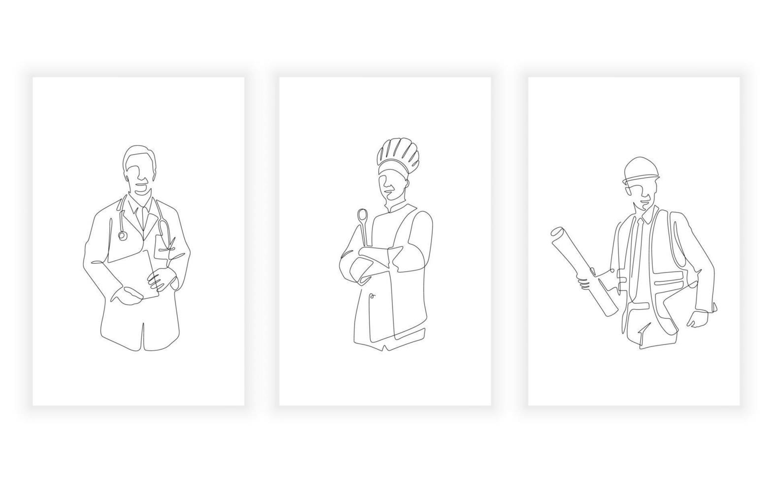 One continuous single drawing line. occupation and uniform concept. doctor chef and engineer vector