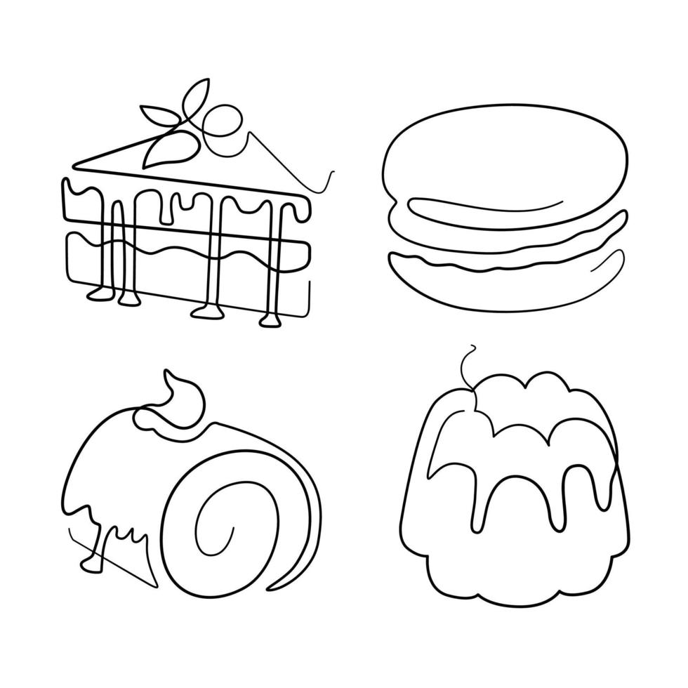 One Line art Drawing dessert and sweet Drawing abstract minimal. cake, macaroon, roll cake, pudding vector