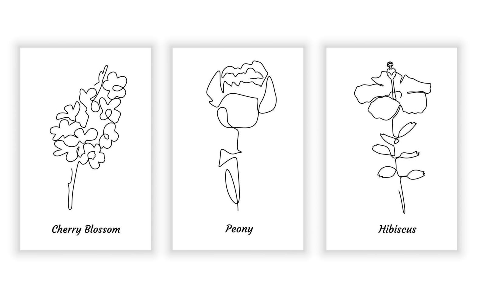 Set of flowers on white background. One line drawing style. elegant flower for printable design logo. peony, cherry blossom, hibiscus flower. vector