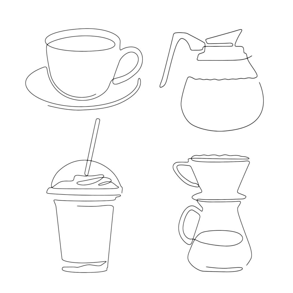 Set of coffee line art on white background. One line drawing style. elegant flower for printable design. vector