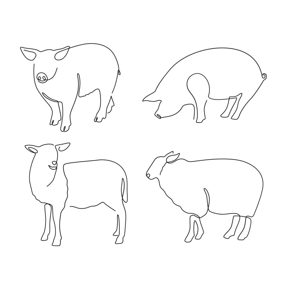 set of animal farm pig and sheep line art , hand drawn for logo design. vector