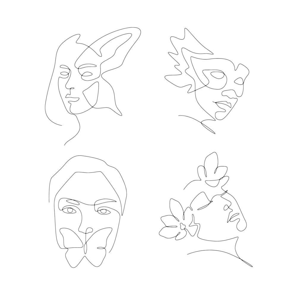 Women's faces in one line art style with flower. continuous line concept. vector