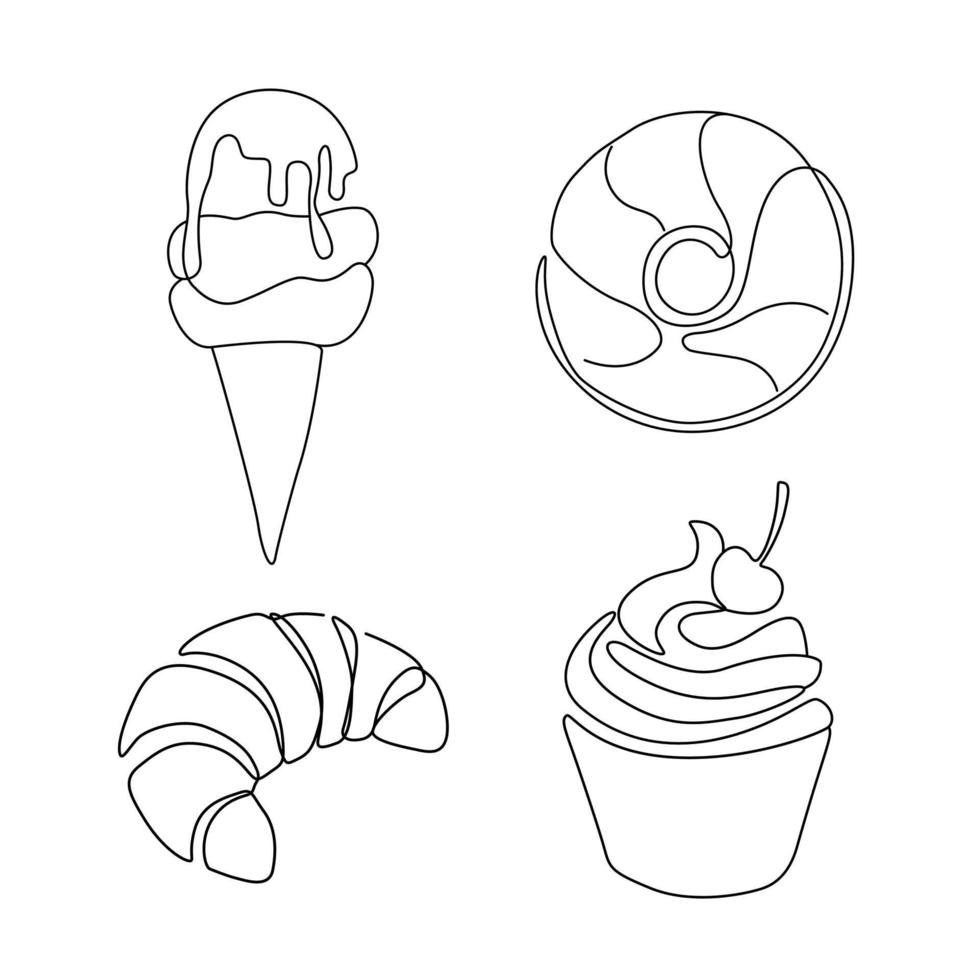conjunto de arte de postre y línea dulce, línea continua. para el diseño de logotipos. helado donut croissant y cupcake vector