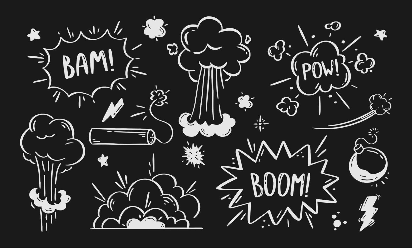Comic explosions and bombs set. Speech bubbles with the words bom, boom, pow. Vector doodle illustration