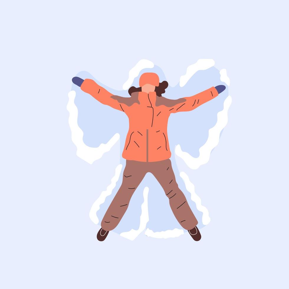 mujer feliz haciendo ángel de nieve vector plano