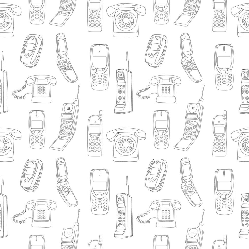 Seamless pattern with set of lines classic and modern telephones. vector