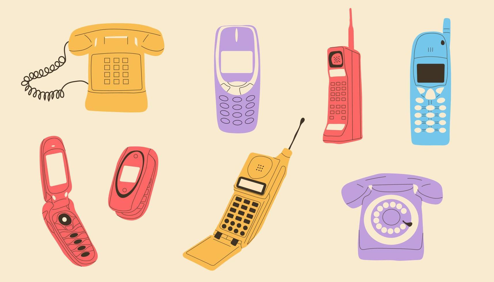 conjunto de teléfonos clásicos y modernos. ilustración vectorial dibujada a mano. vector