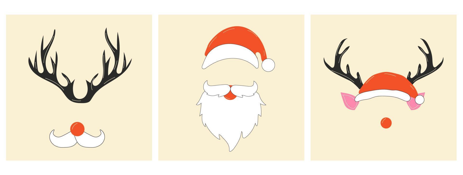 conjunto de tres caras de un lindo ciervo navideño y santa claus .vector en estilo de dibujos animados. todos los elementos están aislados vector