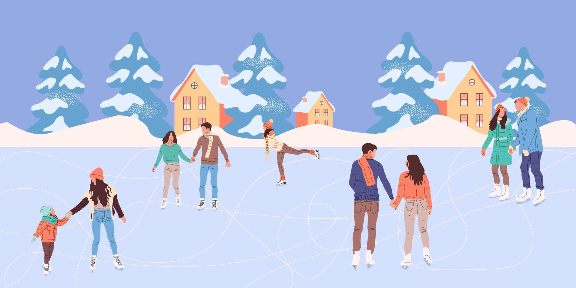 Crowd of active cartoon people ice skating on rink vector flat illustration. Man, woman, children, family and couple outdoors activity isolated. Colorful person in seasonal outerwear