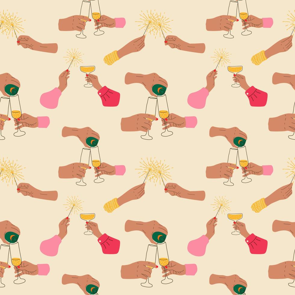 Seamless pattern with Hands hold champagne and sparklers. Celebration of the new year. vector