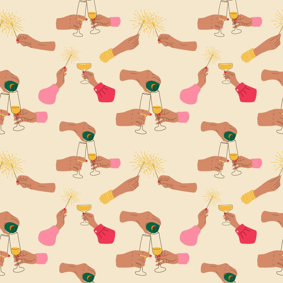 Seamless pattern with Hands hold champagne and sparklers. Celebration of the new year. vector