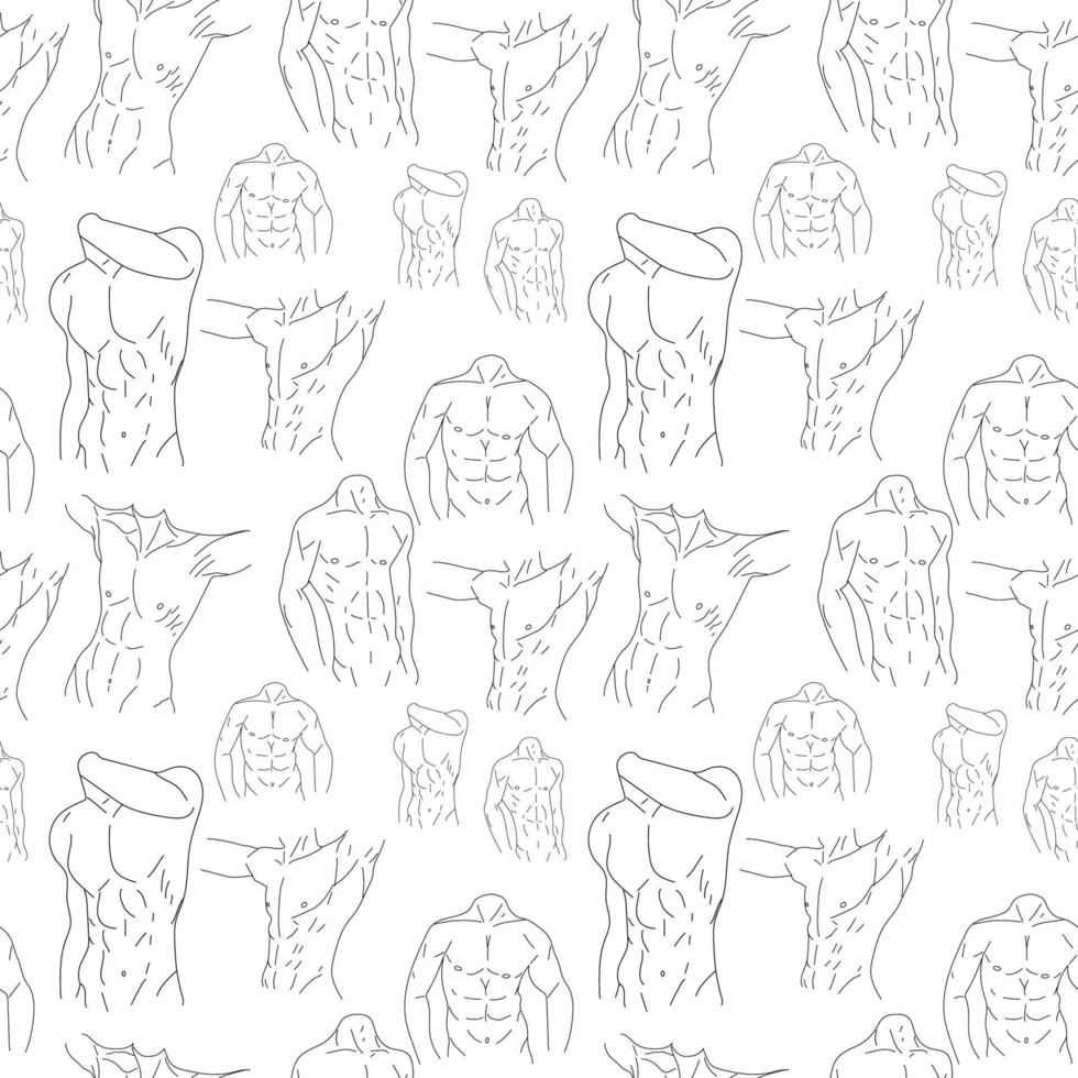Seamless pattern with Set of  Muscular line torso  icons. Sport and fitness symbol stock vector illustration.