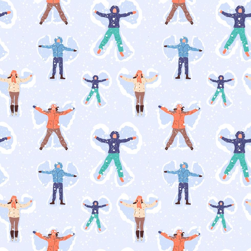 Seamless pattern with Happy People Making Snow Angel. Vector in cartoon style.
