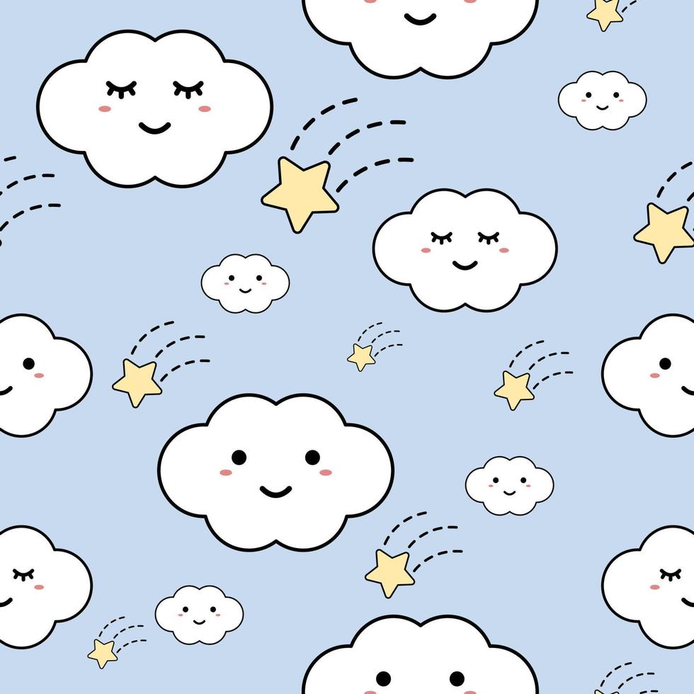 Cute cartoon seamless pattern cloud and star on blue background. vector