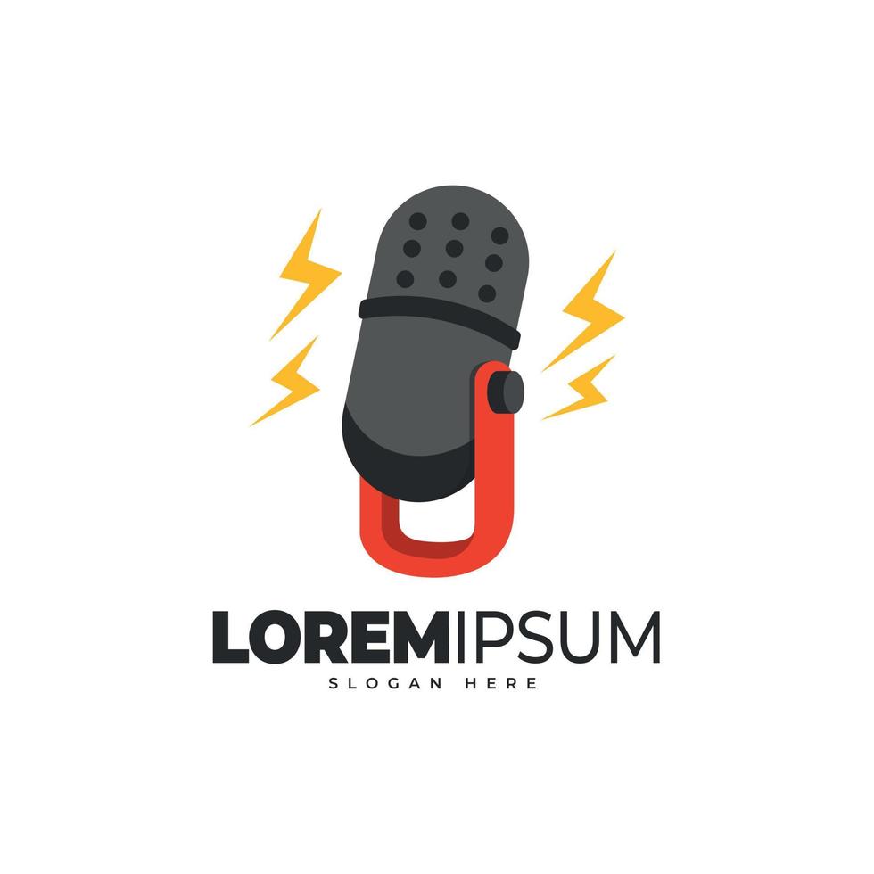 Podcast logo template. Microphone and lightning icon vector