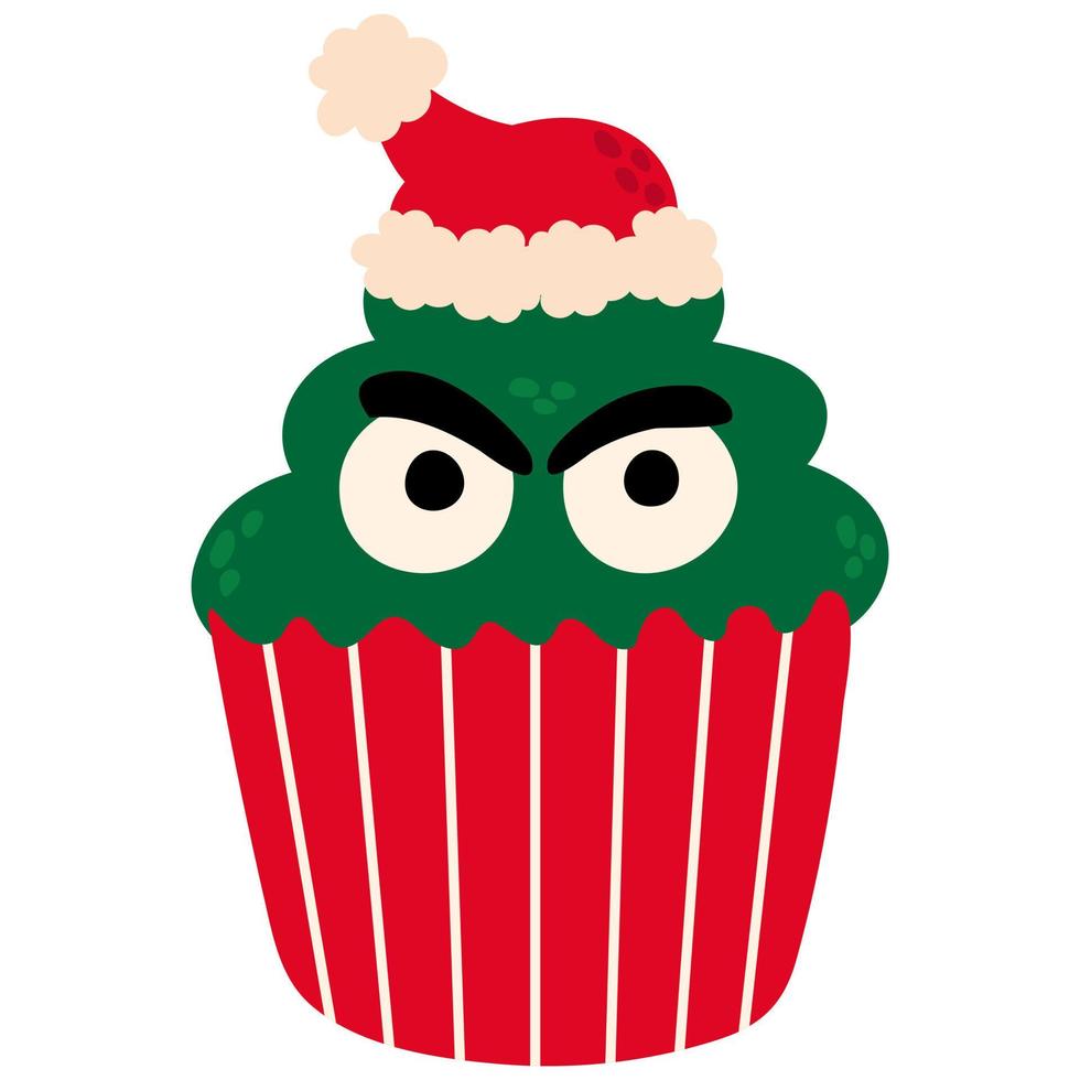 Christmas cupcake Grinch. Draw style. White background isolate. vector illustration.
