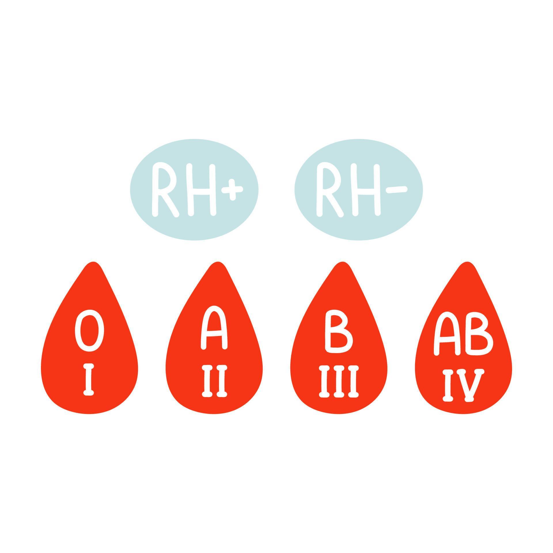 Blood donor, blood types, blood groups, rhesusfactor drops. Hand drawn