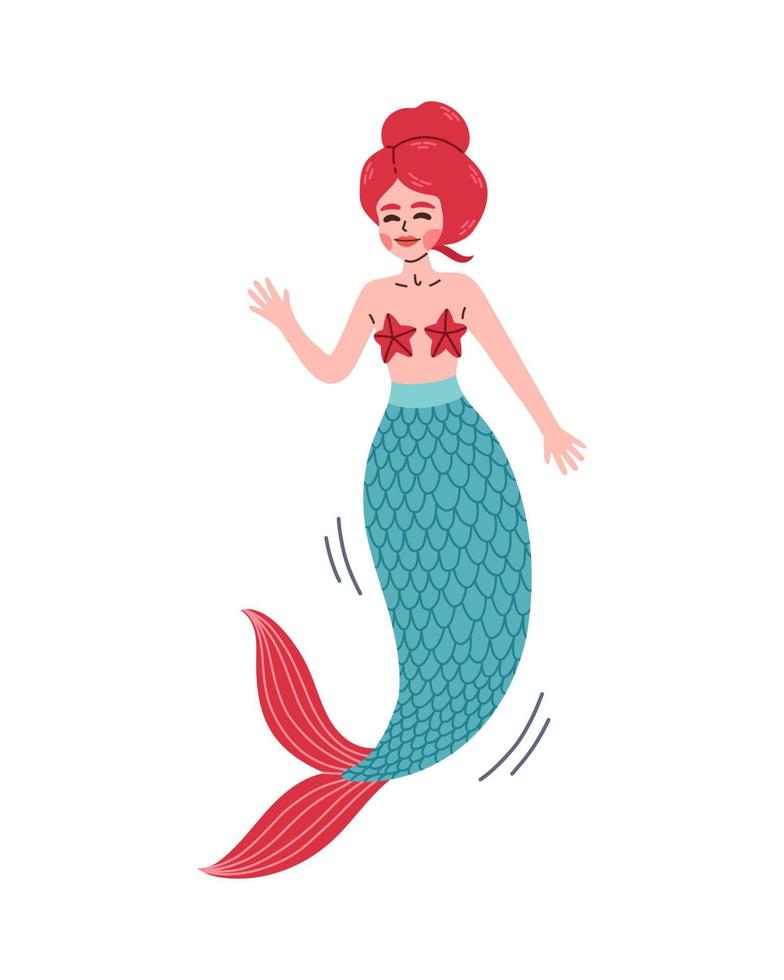 Red hair mermaid with blue red tail, swimming mermaid. Cute Mermaid vector, for t shirts or children books. vector