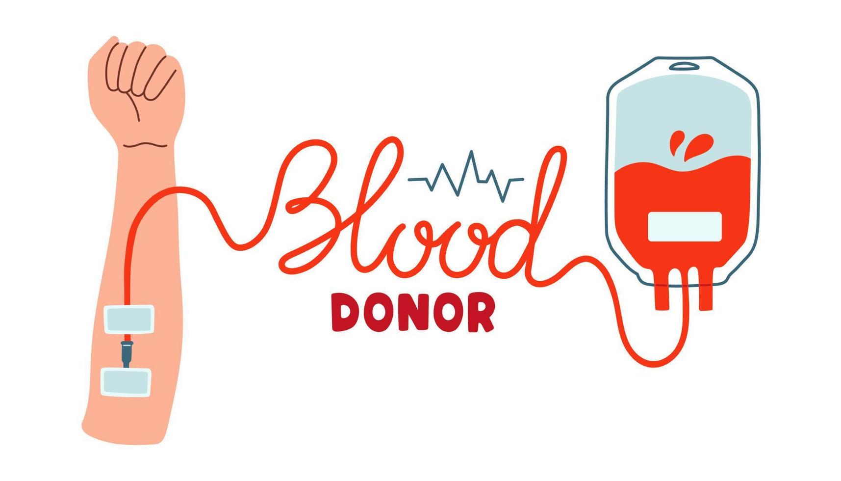 Blood donor, blood bag and hand. Hand drawn Vector illustrations. Donate Blood, Health Care Concept vector