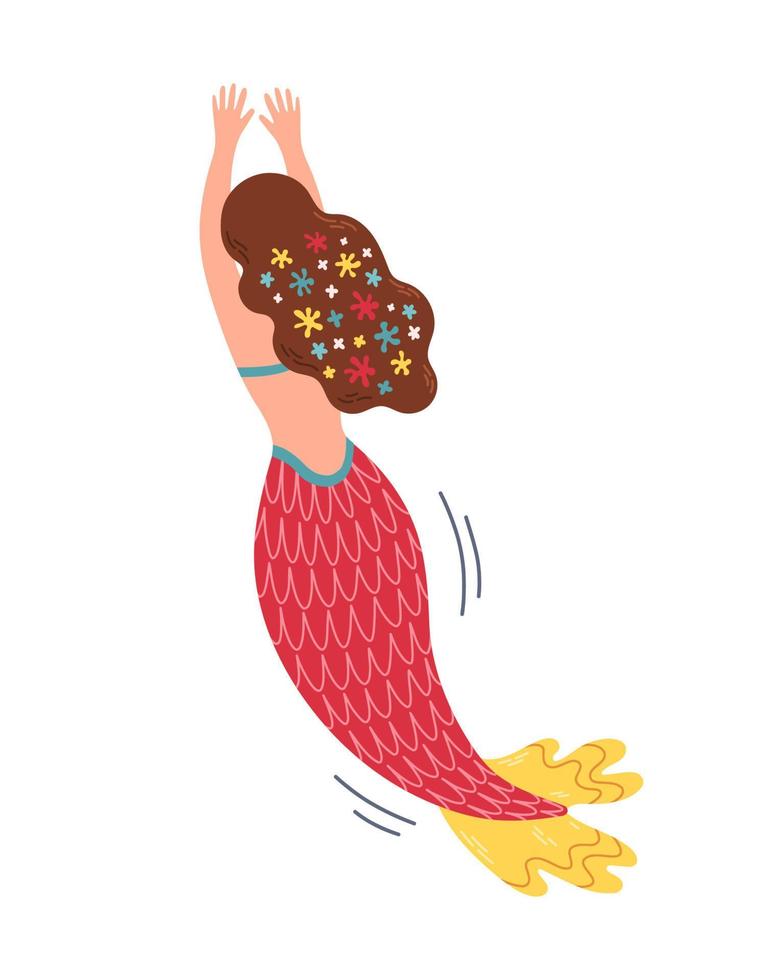 Brown hair mermaid with red yellow tail, swimming mermaid, view from the back.. Cute Mermaid, for t shirts or kids fashion artworks, children books. Vector illustration