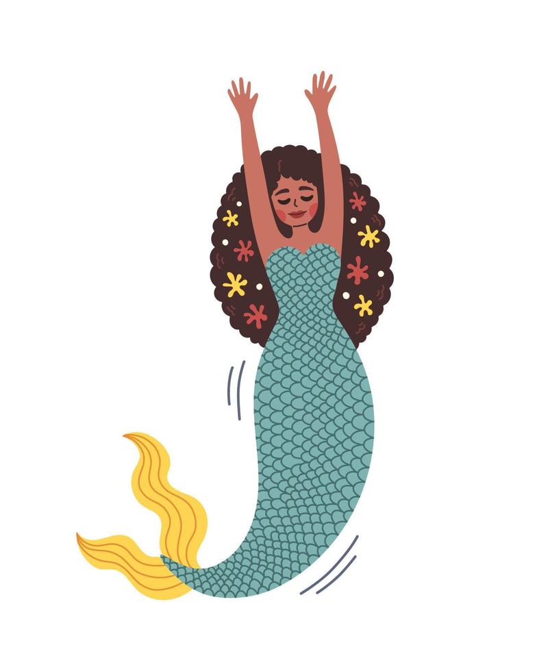 Brown hair black mermaid with blue yellow tail, swimming mermaid. Cute Mermaid vector, for t shirts or children books. vector