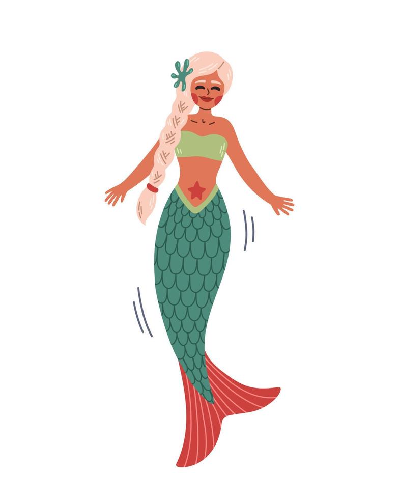 White hair black mermaid with green blue red tail, swimming mermaid. Cute Mermaid vector, for t shirt or children books. vector