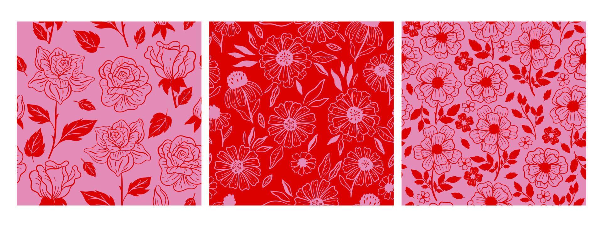 Set of seamless patterns with flowers in pink and red colors.Vector graphics. vector