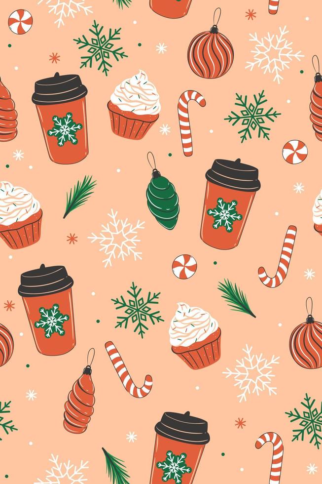 Seamless pattern with Christmas sweets and coffee. Vector graphics.