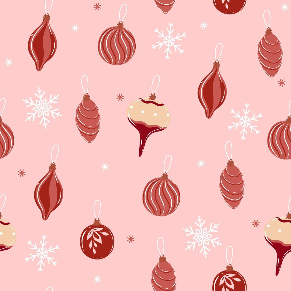 de patrones sin fisuras con adornos de árboles de Navidad en colores rosa y rojo y con gráficos snowflakes.vector. vector