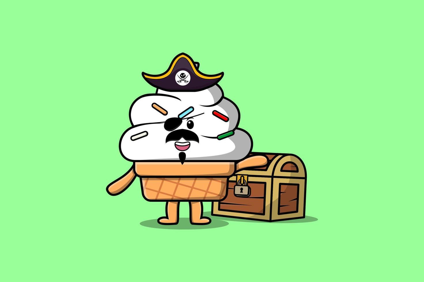 Cute cartoon Ice cream pirate with treasure box vector