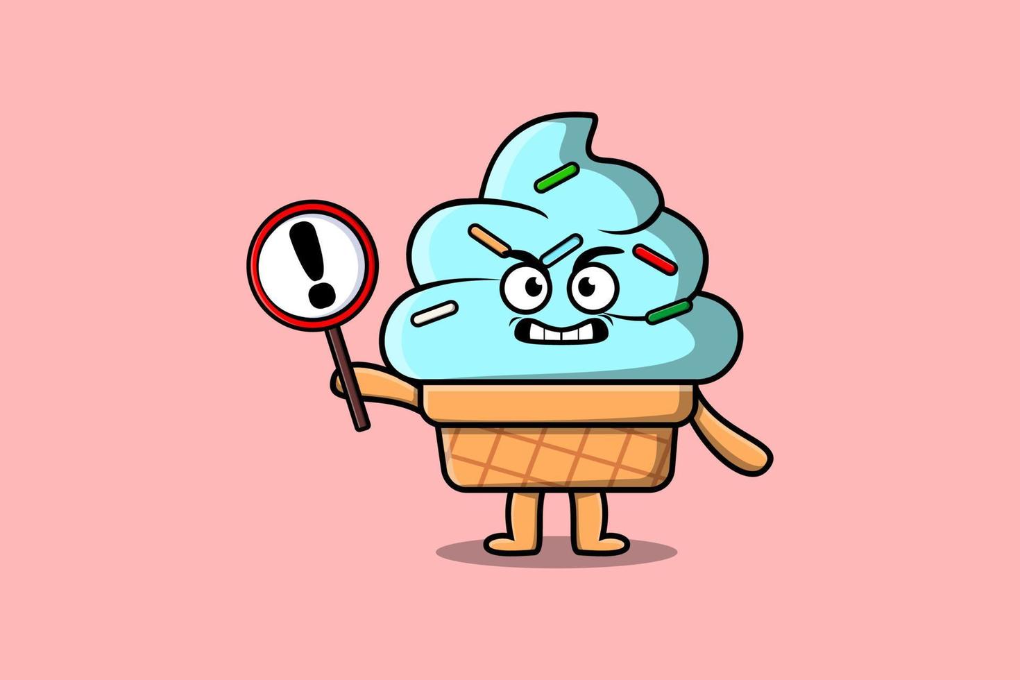 lindo helado de dibujos animados con tablero de signos de exclamación vector