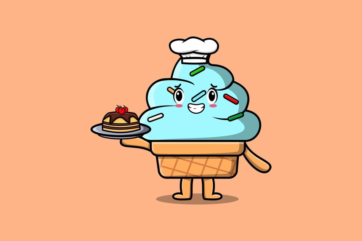 Cute Cartoon chef Ice cream serving cake on tray vector