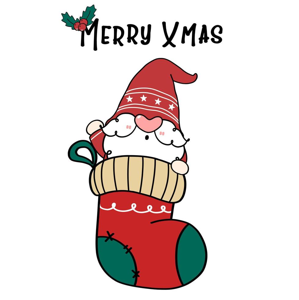 Cute Santa Gnome in Christmas Sock, Merry Xmas. Cartoon Doodle Hand Drawn Flat Vector