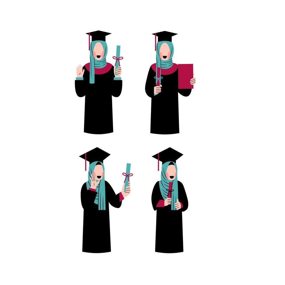 Set Of Hijab Woman Graduation Character vector